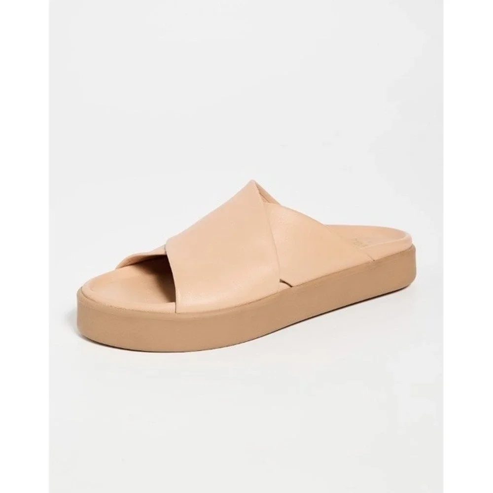 BEEK $290 Sz 10 Hen Leather Flatform Slides Crossover Sandals Beach Tan Luxury